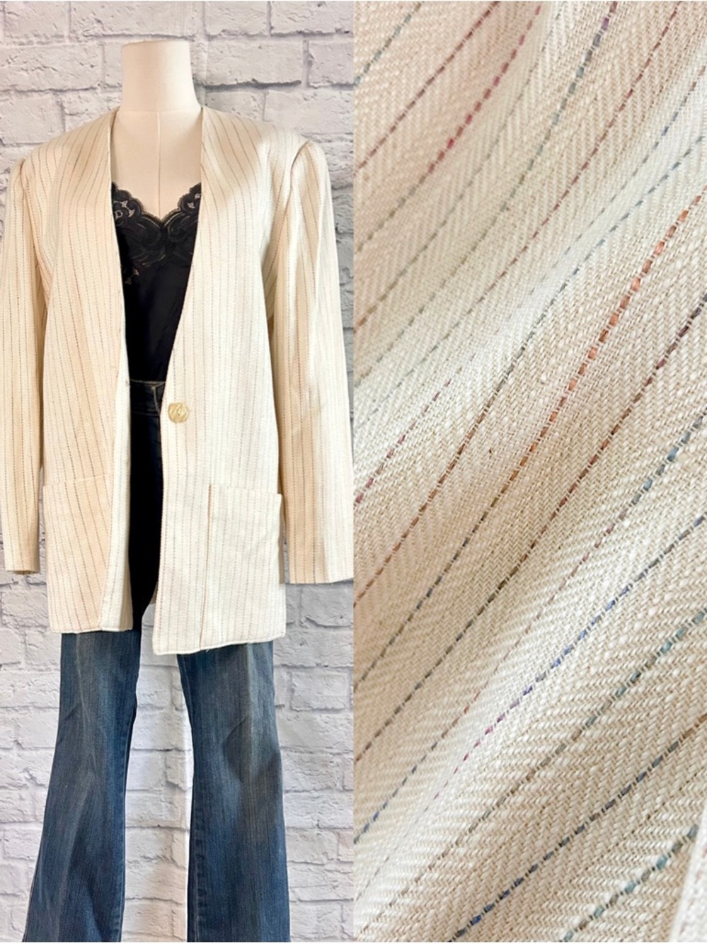 Vintage Cream Single-Button Blazer Jacket Pastel Striped Oversized Office Career